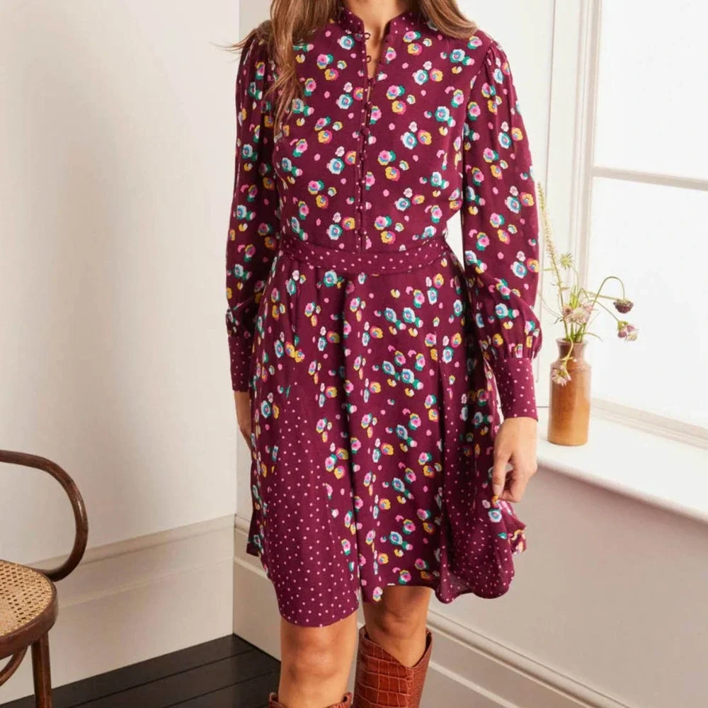 Boden Womens Red Floral Polka Dot Ruby Ring Billowy Peony Christina Dress 8R